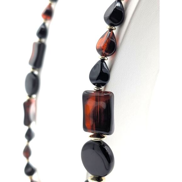 Vintage Acrylic Tortoise Shell Black Beaded Layering Neutral Statement Necklace - Picture 3 of 8